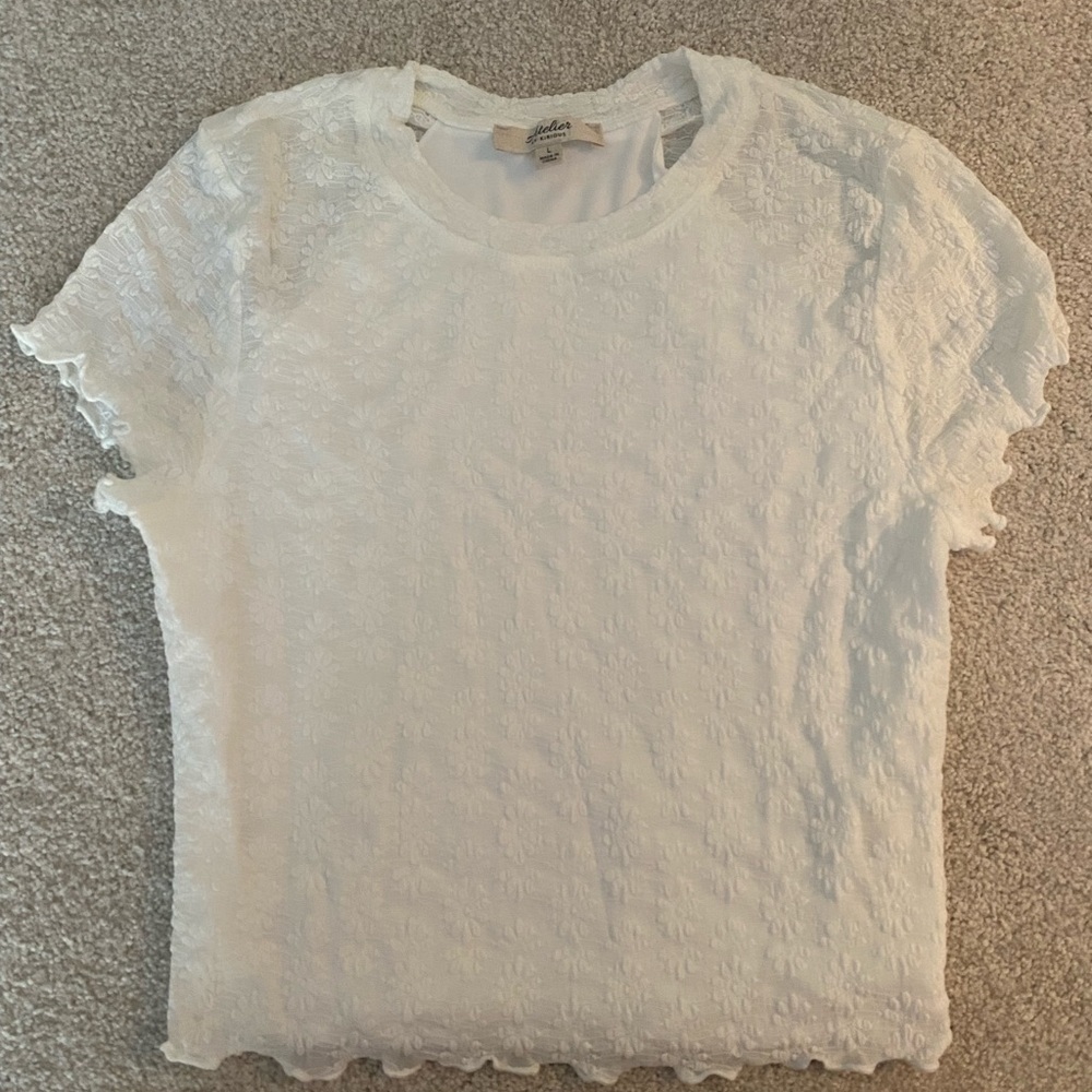 White Floral Textured Short Sleeve Top
